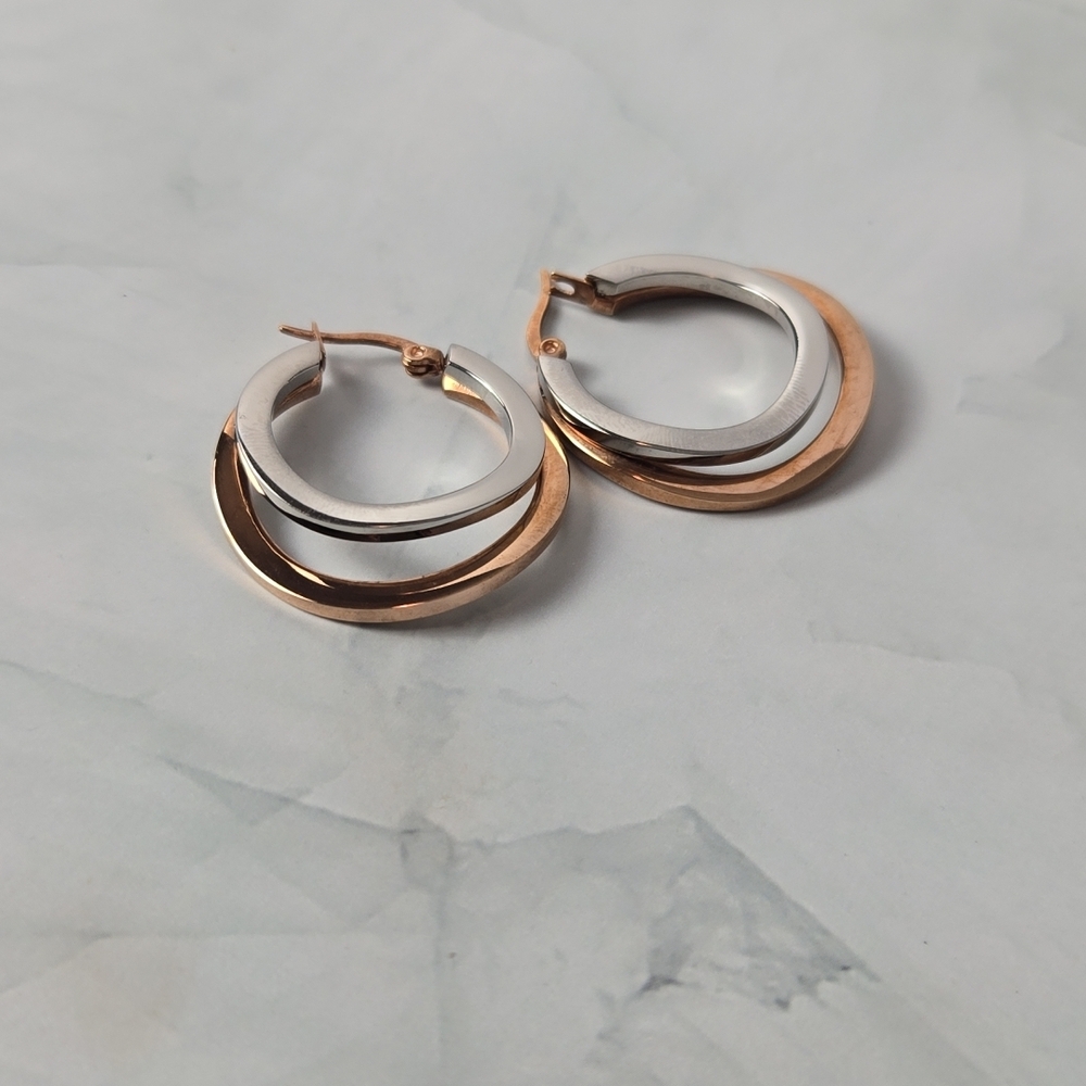 Ross Simons 2 tone rose/white gold Stainless Steel Double Hoop Earrings